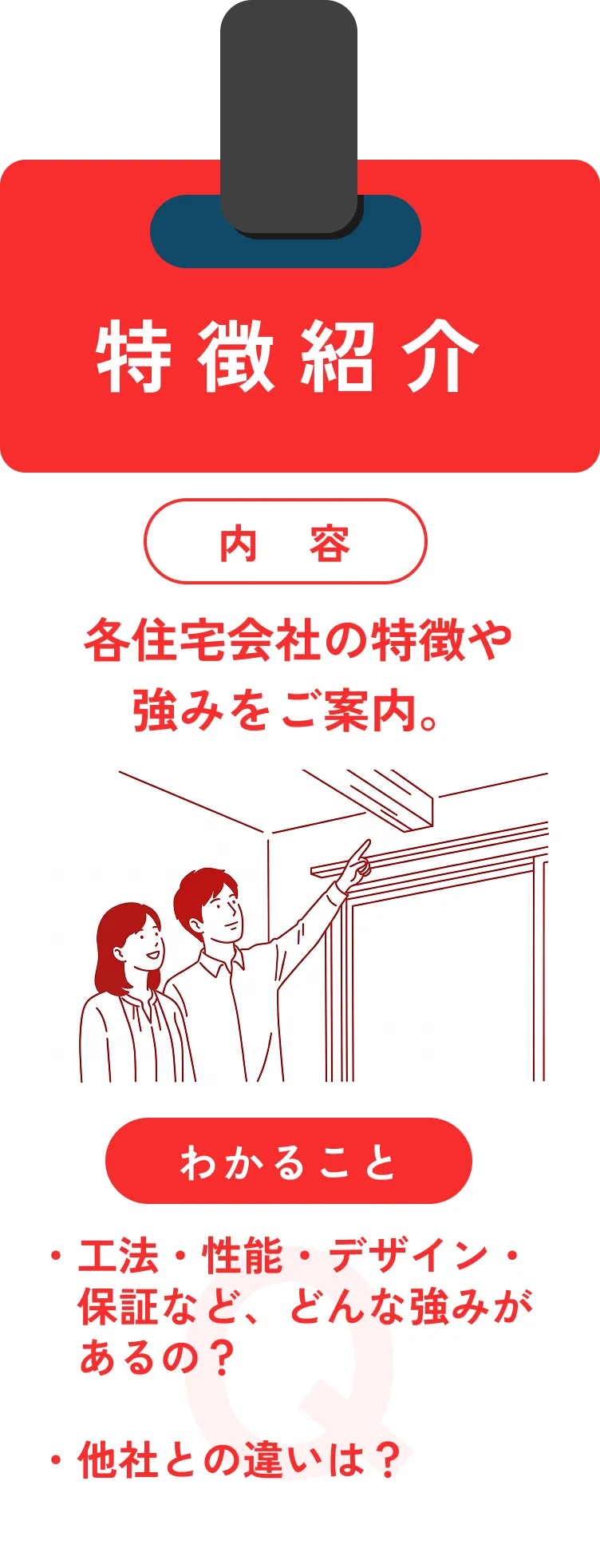 特徴紹介：各住宅会社の特徴や強みをご案内。工法・性能・デザイン・保証など、どんな強みがあるの？他社との違いは？