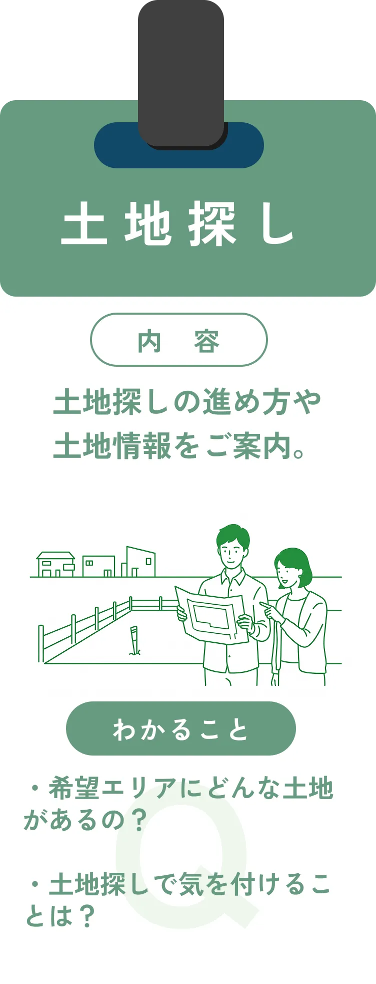 土地探し：土地探しの進め方や土地情報をご案内。希望エリアにどんな土地があるの？土地探しで気を付けることは？